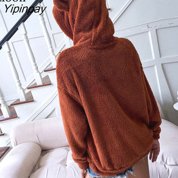 Yipinpay Plush Sweatshirt Cardigan Coat Women 2023 Long Sleeve Zip Up Pockets Streetwear Hooded Sweatshirts Baggy Coats And Jackets